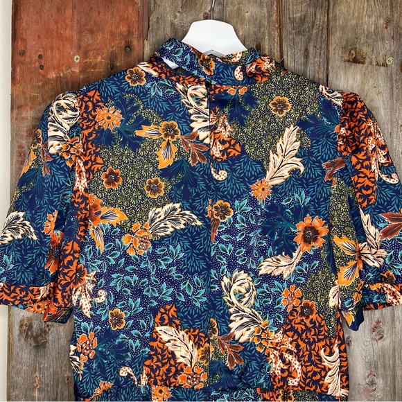 Julia Jordan Navy Fall Floral Puff Sleeve Midi Dress Tie Neck size 2 - Picture 7 of 14